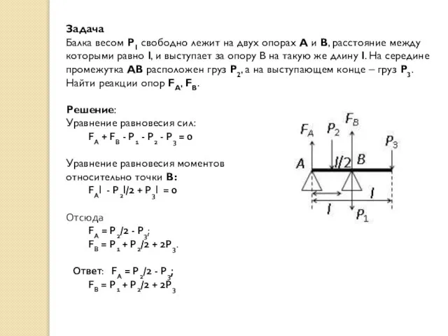 Задача Балка весом P1 свободно лежит на двух опорах A и B,