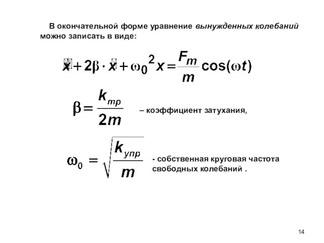 В окончательной форме уравнение вынужденных колебаний можно записать в виде: – коэффициент