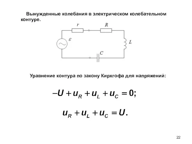 Вынужденные колебания в электрическом колебательном контуре. Уравнение контура по закону Кирхгофа для напряжений: