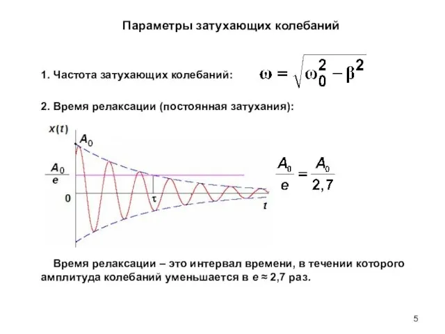 Параметры затухающих колебаний Время релаксации – это интервал времени, в течении которого