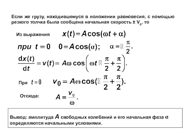Вывод: амплитуда A свободных колебаний и его начальная фаза α определяются начальными