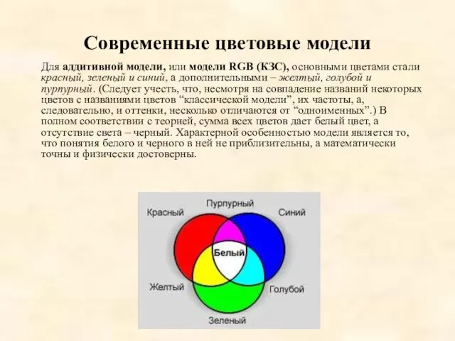 Современные цветовые модели Для аддитивной модели, или модели RGB (КЗС), основными цветами