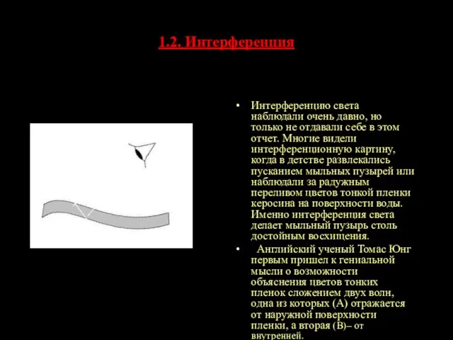 1.2. Интерференция Интерференцию света наблюдали очень давно, но только не отдавали себе