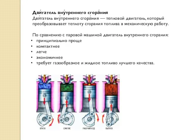 Дви́гатель вну́треннего сгора́ния Дви́гатель вну́треннего сгора́ния — тепловой двигатель, который преобразовывает теплоту
