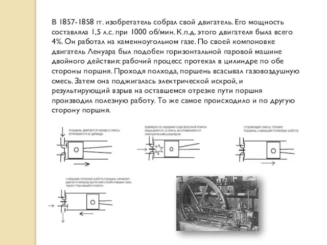 В 1857-1858 гг. изобретатель собрал свой двигатель. Его мощность составляла 1,5 л.с.