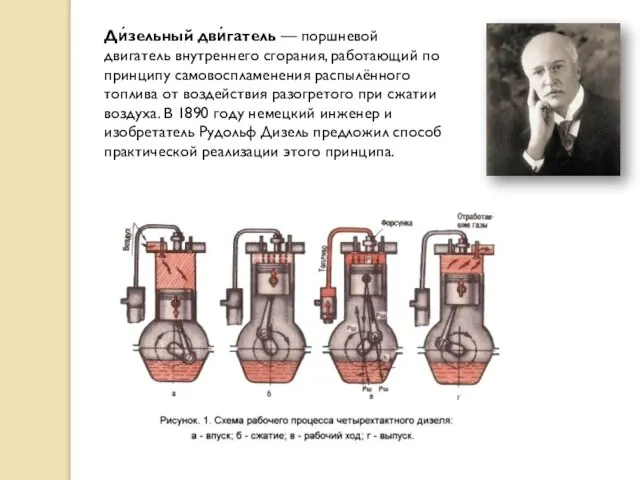 Ди́зельный дви́гатель — поршневой двигатель внутреннего сгорания, работающий по принципу самовоспламенения распылённого