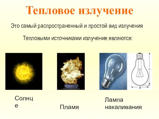 Тепловое излучение Это самый распространенный и простой вид излучения Тепловыми источниками излучения