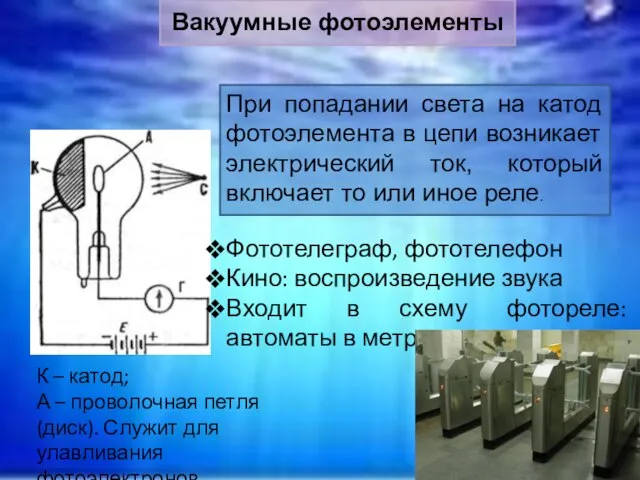 К – катод; А – проволочная петля (диск). Служит для улавливания фотоэлектронов