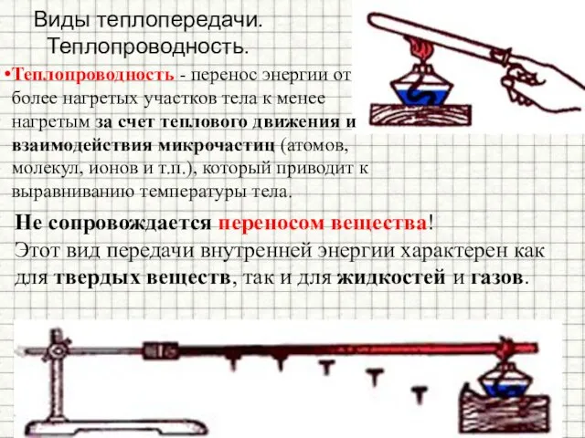 Виды теплопередачи. Теплопроводность. Теплопроводность - перенос энергии от более нагретых участков тела