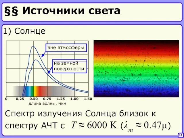 §§ Источники света 34 1) Солнце Спектр излучения Солнца близок к спектру