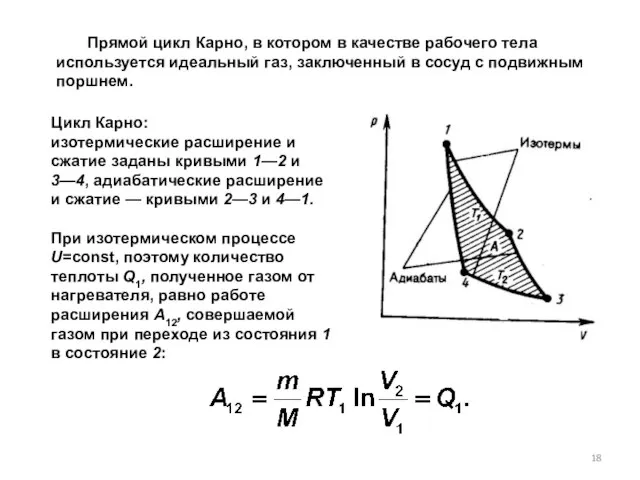 Цикл Карно: изотермические расширение и сжатие заданы кривыми 1—2 и 3—4, адиабатические