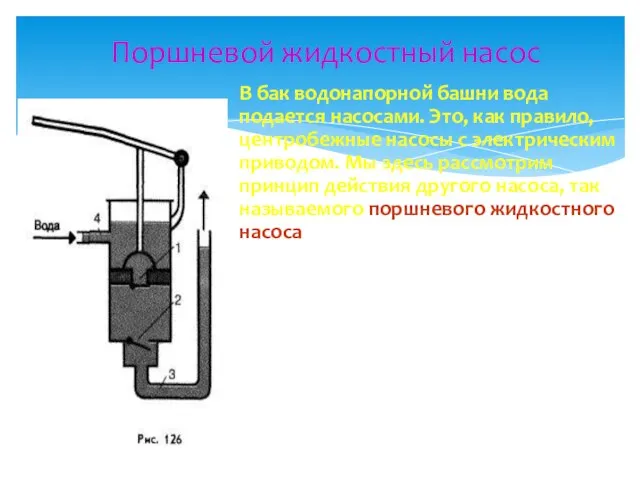 Поршневой жидкостный насос В бак водонапорной башни вода подается насосами. Это, как