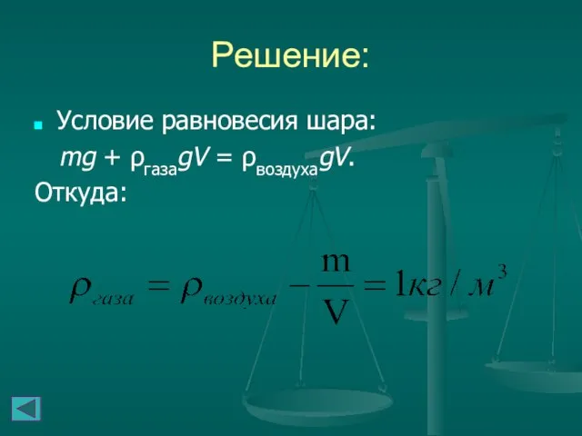 Решение: Условие равновесия шара: mg + ρгазаgV = ρвоздухаgV. Откуда: