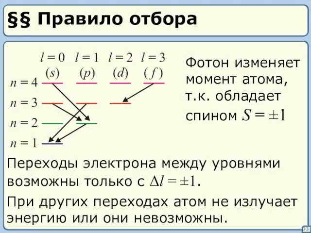 §§ Правило отбора Переходы электрона между уровнями возможны только с Δl =