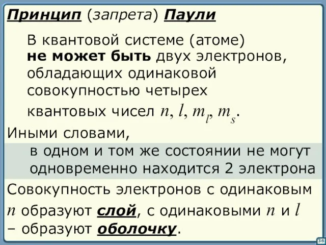 36 Принцип (запрета) Паули В квантовой системе (атоме) Иными словами, в одном