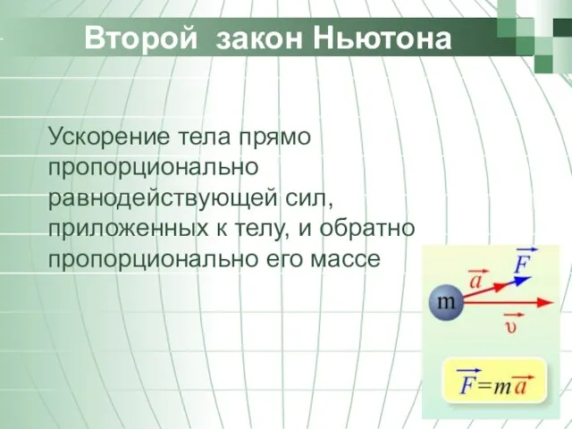 Второй закон Ньютона Ускорение тела прямо пропорционально равнодействующей сил, приложенных к телу,