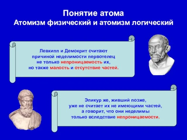 Понятие атома Атомизм физический и атомизм логический Левкипп и Демокрит считают причиной