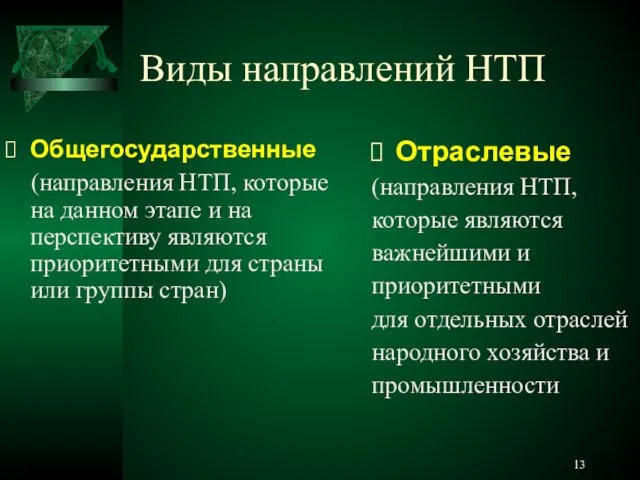 Виды направлений НТП Общегосударственные (направления НТП, которые на данном этапе и на