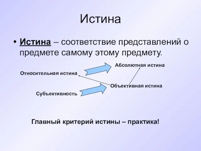 Истина Истина – соответствие представлений о предмете самому этому предмету. Относительная истина