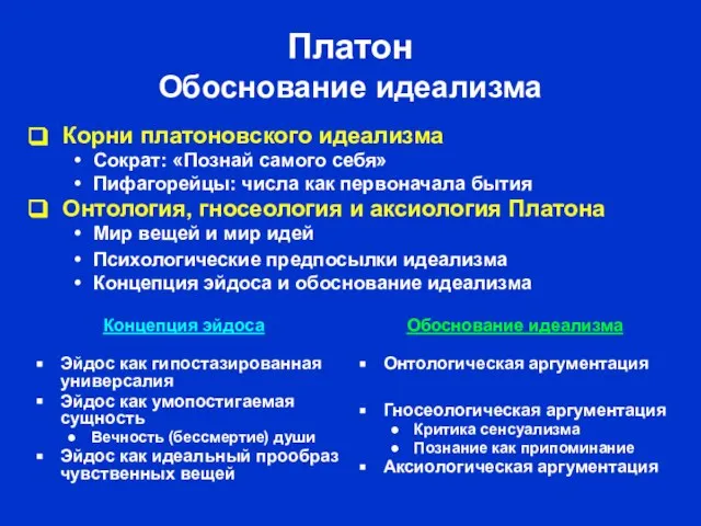 Платон Обоснование идеализма Эйдос как гипостазированная универсалия Эйдос как умопостигаемая сущность Вечность