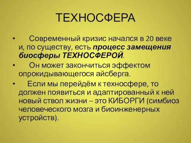 ТЕХНОСФЕРА Современный кризис начался в 20 веке и, по существу, есть процесс