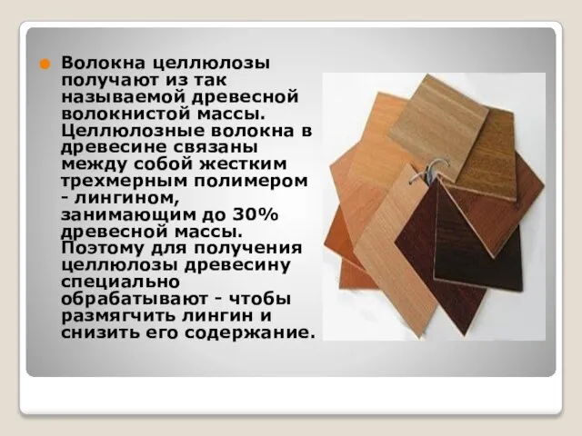 Волокна целлюлозы получают из так называемой древесной волокнистой массы. Целлюлозные волокна в