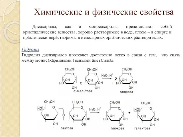 Химические и физические свойства Гидролиз Гидролиз дисахаридов протекает достаточно легко в связи