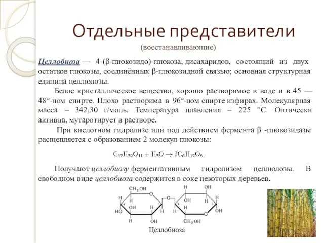 Отдельные представители (восстанавливающие) Целлобиоза — 4-(β-глюкозидо)-глюкоза, дисахаридов, состоящий из двух остатков глюкозы,