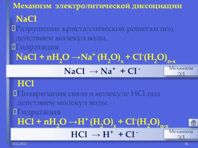 Механизм электролитической диссоциации NaCl Разрушение кристаллической решетки под действием молекул воды. Гидратация