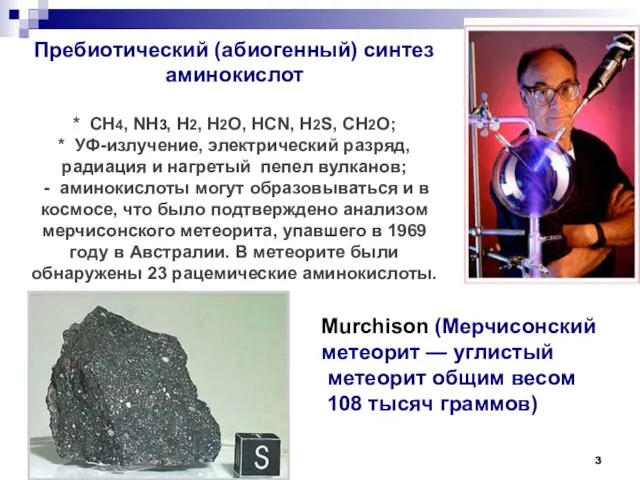 Пребиотический (абиогенный) синтез аминокислот * CH4, NH3, H2, H2O, HCN, H2S, CH2O;