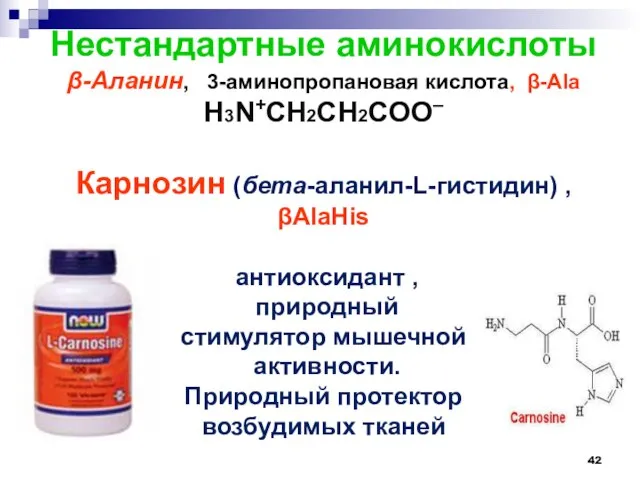 Нестандартные аминокислоты β-Аланин, 3-аминопропановая кислота, β-Ala H3N+CH2CH2COO– Карнозин (бета-аланил-L-гистидин) , βAlaHis антиоксидант