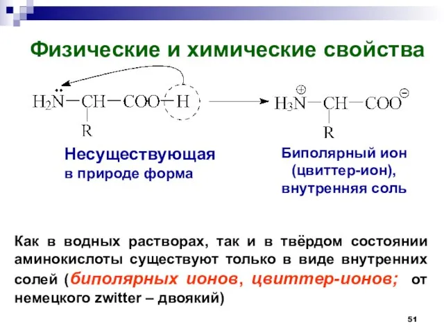 Несуществующая в природе форма Биполярный ион (цвиттер-ион), внутренняя соль Физические и химические