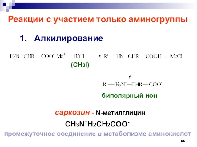 Реакции с участием только аминогруппы 1. Алкилирование саркозин - N-метилглицин биполярный ион