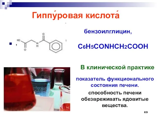 Гиппу́ровая кислота́ , В клинической практике бензоилглицин, C6H5CONHCH2COOH показатель функционального состояния печени.
