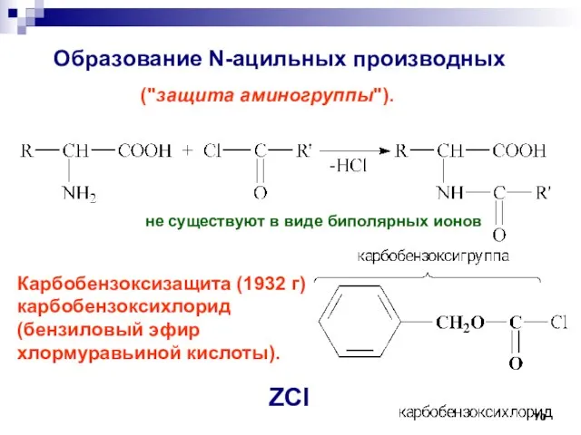 Образование N-ацильных производных Карбобензоксизащита (1932 г) карбобензоксихлорид (бензиловый эфир хлормуравьиной кислоты). ZCl