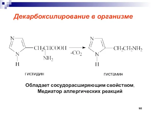 Декарбоксилирование в организме Обладает сосудорасширяющим свойством, Медиатор аллергических реакций