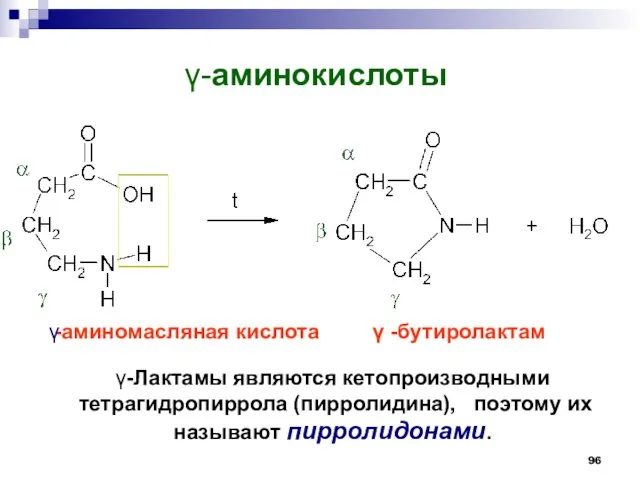 -аминокислоты -Лактамы являются кетопроизводными тетрагидропиррола (пирролидина), поэтому их называют пирролидонами. -аминомасляная кислота  -бутиролактам 
