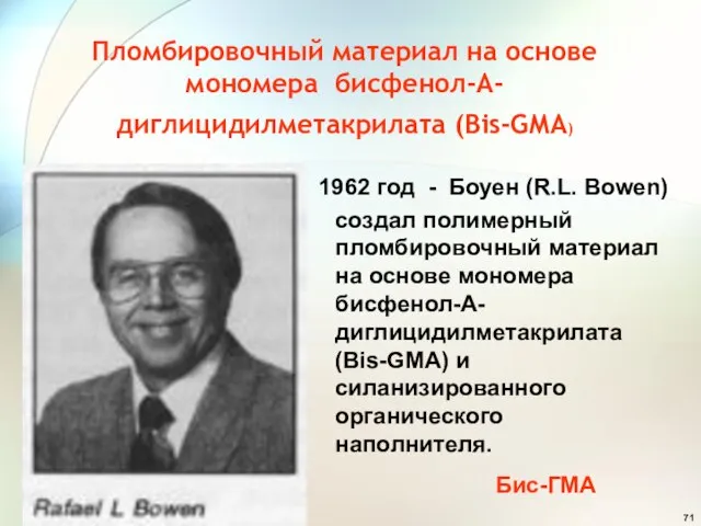 Пломбировочный материал на основе мономера бисфенол-А-диглицидилметакрилата (Bis-GМA) 1962 год - Боуен (R.L.
