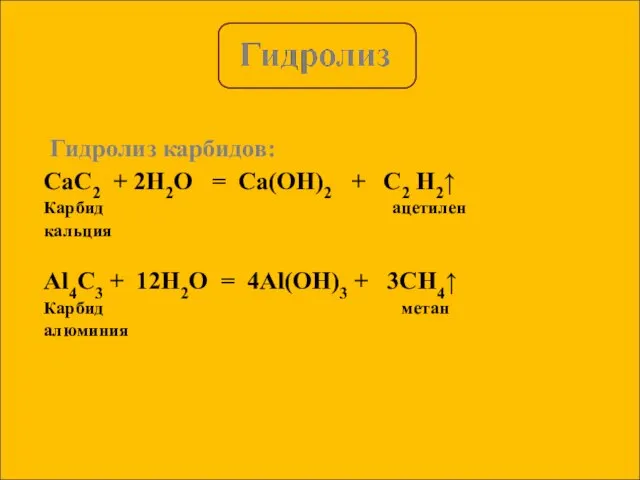 Гидролиз карбидов: CaC2 + 2H2O = Ca(OH)2 + C2 H2↑ Карбид ацетилен