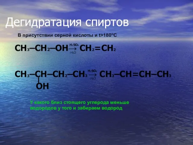 Дегидратация спиртов H2SO4 CH3–CH–CH2–CH3 → CH3–CH=CH–CH3 H2SO4 OH – -H2O У какого
