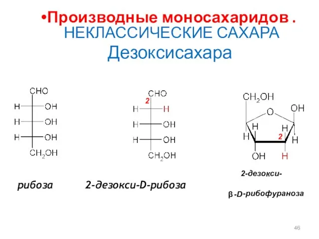 Производные моносахаридов . НЕКЛАССИЧЕСКИЕ САХАРА Дезоксисахара рибоза 2-дезокси-D-рибоза 2-дезокси- -рибофураноза -D 2 2 β