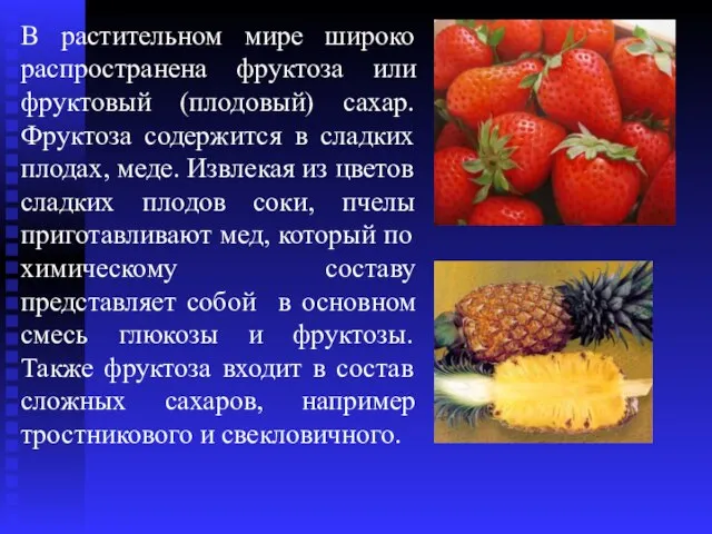 В растительном мире широко распространена фруктоза или фруктовый (плодовый) сахар. Фруктоза содержится