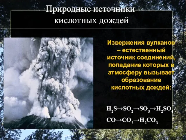 Природные источники кислотных дождей Извержения вулканов – естественный источник соединений, попадание которых