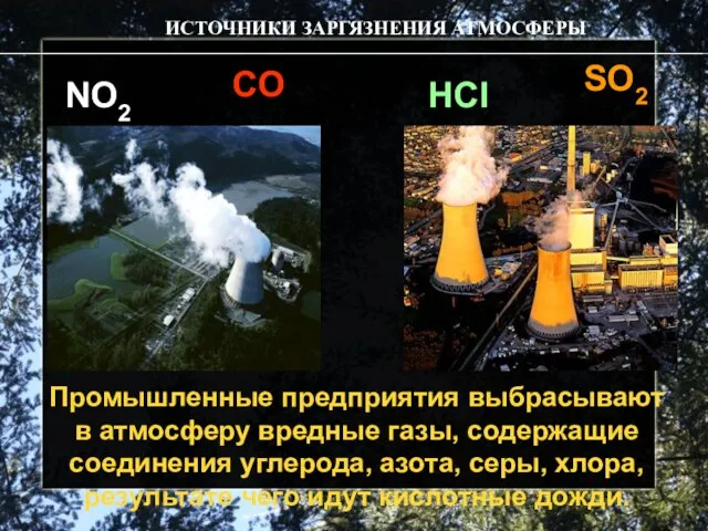 Промышленные предприятия выбрасывают в атмосферу вредные газы, содержащие соединения углерода, азота, серы,