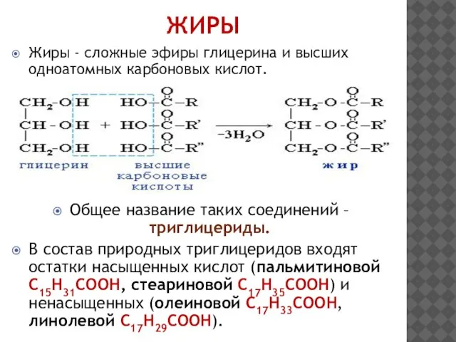 ЖИРЫ Жиры - сложные эфиры глицерина и высших одноатомных карбоновых кислот. Общее