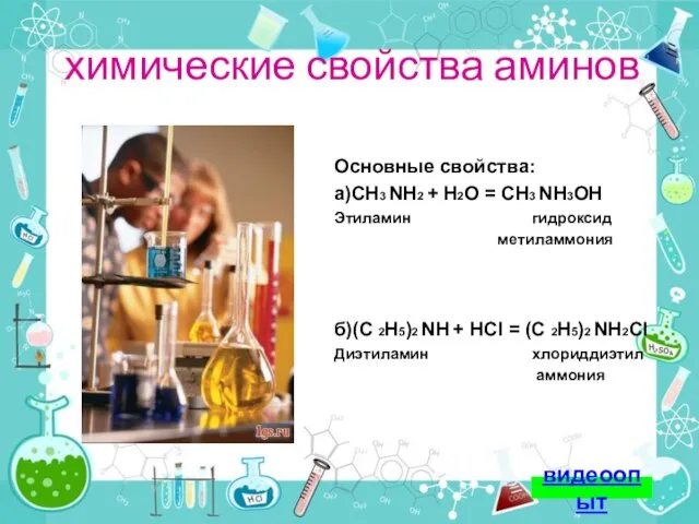 химические свойства аминов Основные свойства: а)СН3 NH2 + H2O = СН3 NH3OH