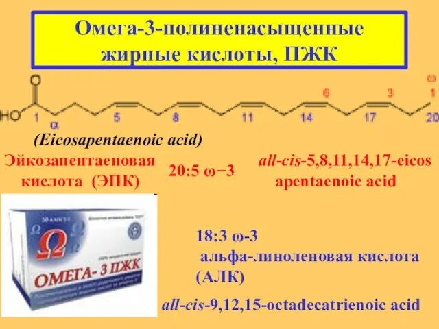 Омега-3-полиненасыщенные жирные кислоты, ПЖК (Eicosapentaenoic acid) 18:3 ω-3 альфа-линоленовая кислота (АЛК) all-cis-9,12,15-octadecatrienoic acid