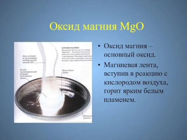 Оксид магния MgO Оксид магния – основный оксид. Магниевая лента, вступив в