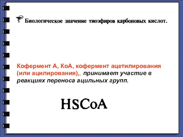 Кофермент А, КоА, кофермент ацетилирования (или ацилирования),, принимает участие в реакциях переноса ацильных групп.