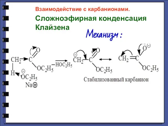 Механизм : Взаимодействие с карбанионами. Сложноэфирная конденсация Клайзена